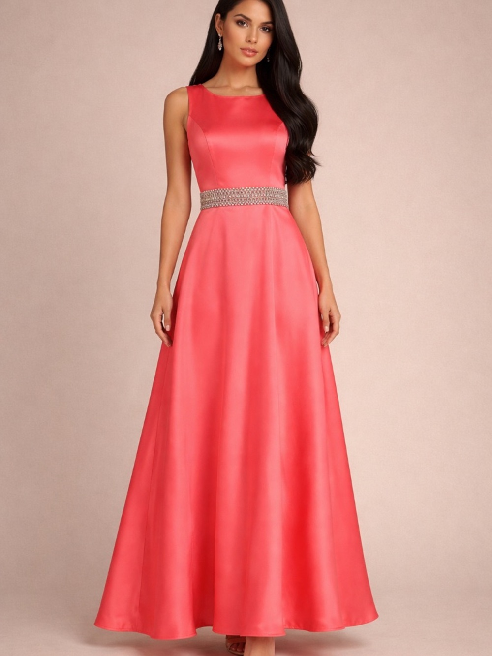 Delicate Abby Paris Coral Sleeveless Maxi Formal Festival Dress Jeweled Waist - Picture 1 of 9